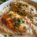 ['Close-up view of creamy smothered chicken with rice.', 'Side view of juicy chicken breasts served over fluffy rice.', 'Delicious creamy chicken and rice dish presented attractively.', 'Rich, cheesy smothered chicken next to white rice.']