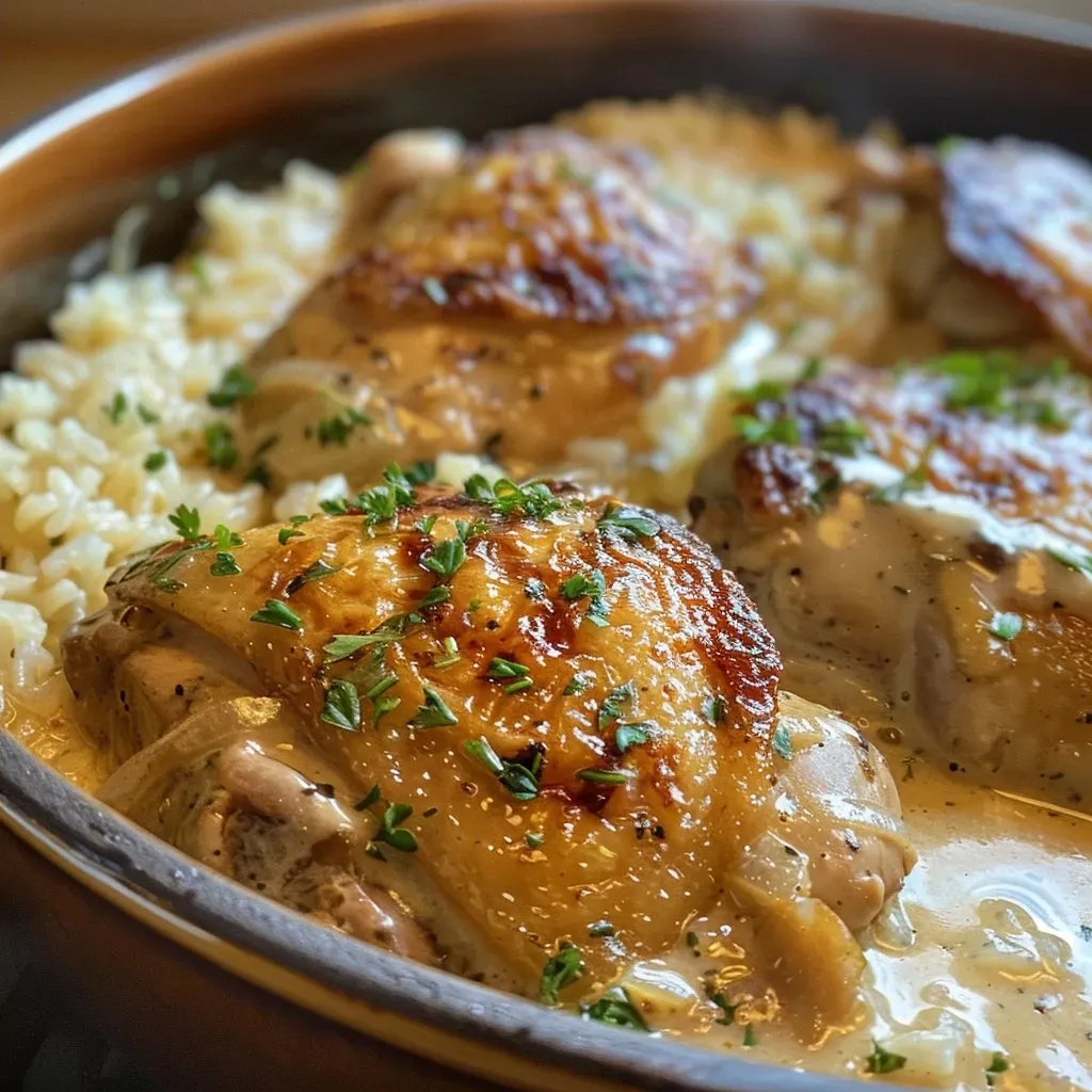 ['Close-up view of creamy smothered chicken with rice.', 'Side view of juicy chicken breasts served over fluffy rice.', 'Delicious creamy chicken and rice dish presented attractively.', 'Rich, cheesy smothered chicken next to white rice.']
