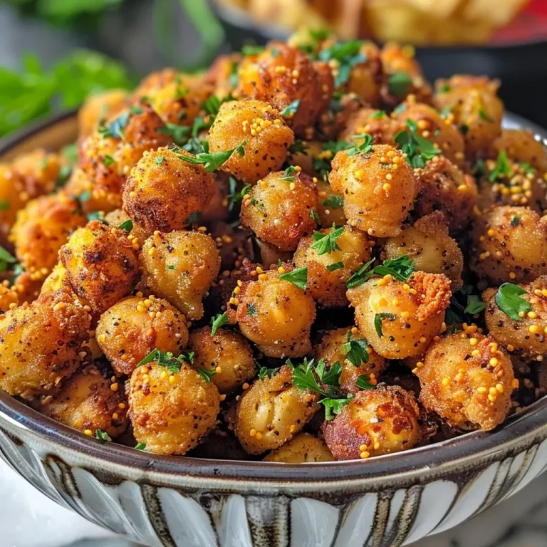 ['Close-up view of crispy chickpea bites, golden brown and garnished with parsley.', 'Side view of flavorful air-fried chickpeas, displaying their crunchy texture and seasoning.', 'Juicy and crispy chickpea bites highlighted on a plate, showcasing their delicious spices.', 'Air-fried chickpea crunch bites with a hint of green parsley for garnish, served fresh.']