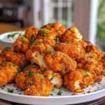 ['Close-up of crispy baked buffalo cauliflower bites on a plate.', 'Side view of delicious buffalo cauliflower bites with dipping sauce.', 'Golden-brown buffalo cauliflower florets ready to eat with ranch dip.', 'Appetizing platter of baked buffalo cauliflower served with a creamy ranch dip.']