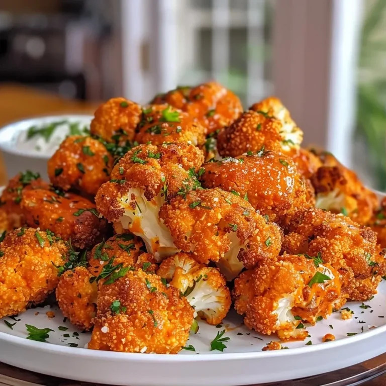 ['Close-up of crispy baked buffalo cauliflower bites on a plate.', 'Side view of delicious buffalo cauliflower bites with dipping sauce.', 'Golden-brown buffalo cauliflower florets ready to eat with ranch dip.', 'Appetizing platter of baked buffalo cauliflower served with a creamy ranch dip.']