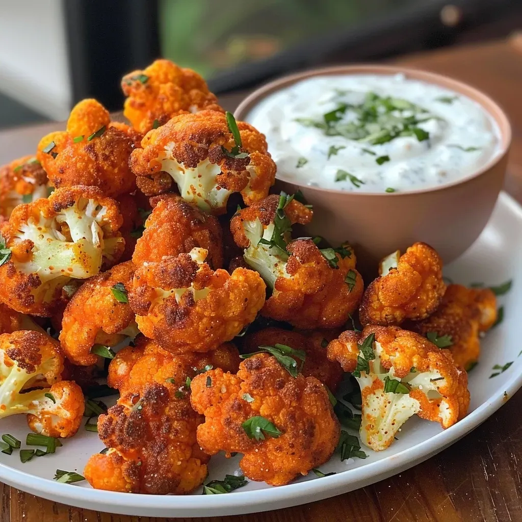 ['Close-up of crispy baked buffalo cauliflower bites on a plate.', 'Side view of delicious buffalo cauliflower bites with dipping sauce.', 'Golden-brown buffalo cauliflower florets ready to eat with ranch dip.', 'Appetizing platter of baked buffalo cauliflower served with a creamy ranch dip.']