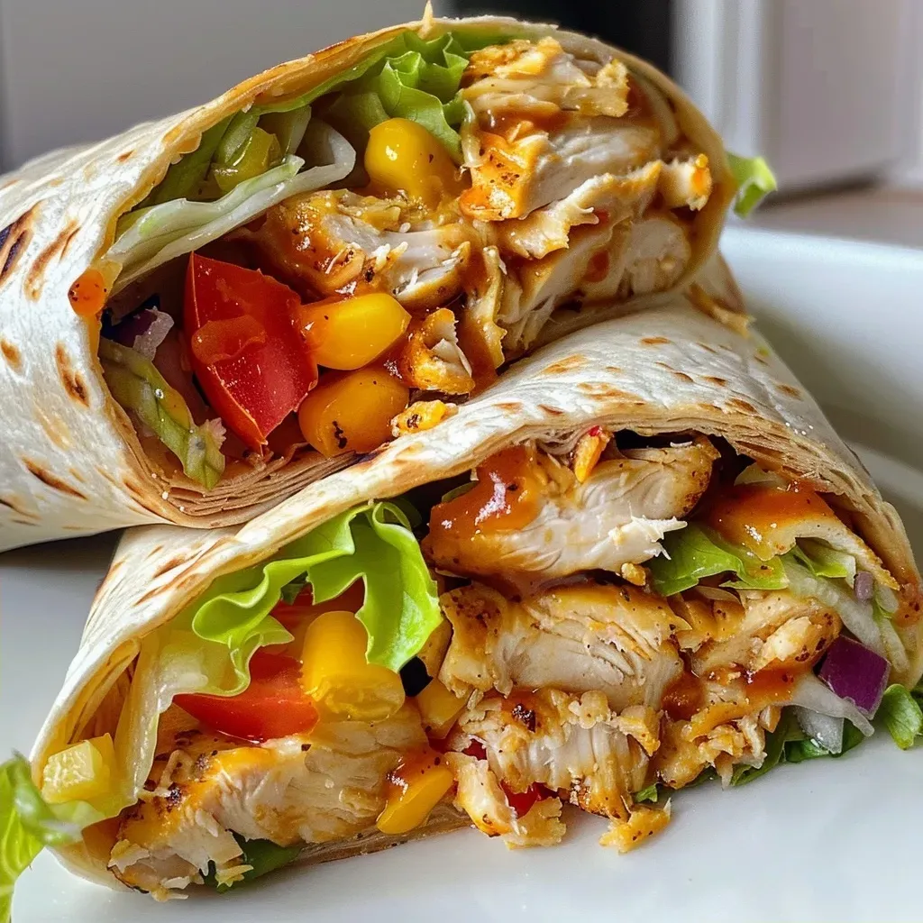 ['Close-up view of crispy BBQ chicken wraps filled with colorful ingredients.', 'Side view of juicy BBQ chicken wraps showcasing melted cheese and fresh vegetables.', 'Detailed image of a crispy wrap overflowing with barbecue chicken and toppings.', 'Appetizing close-up of a tortilla wrap featuring shredded chicken and vibrant veggies.']