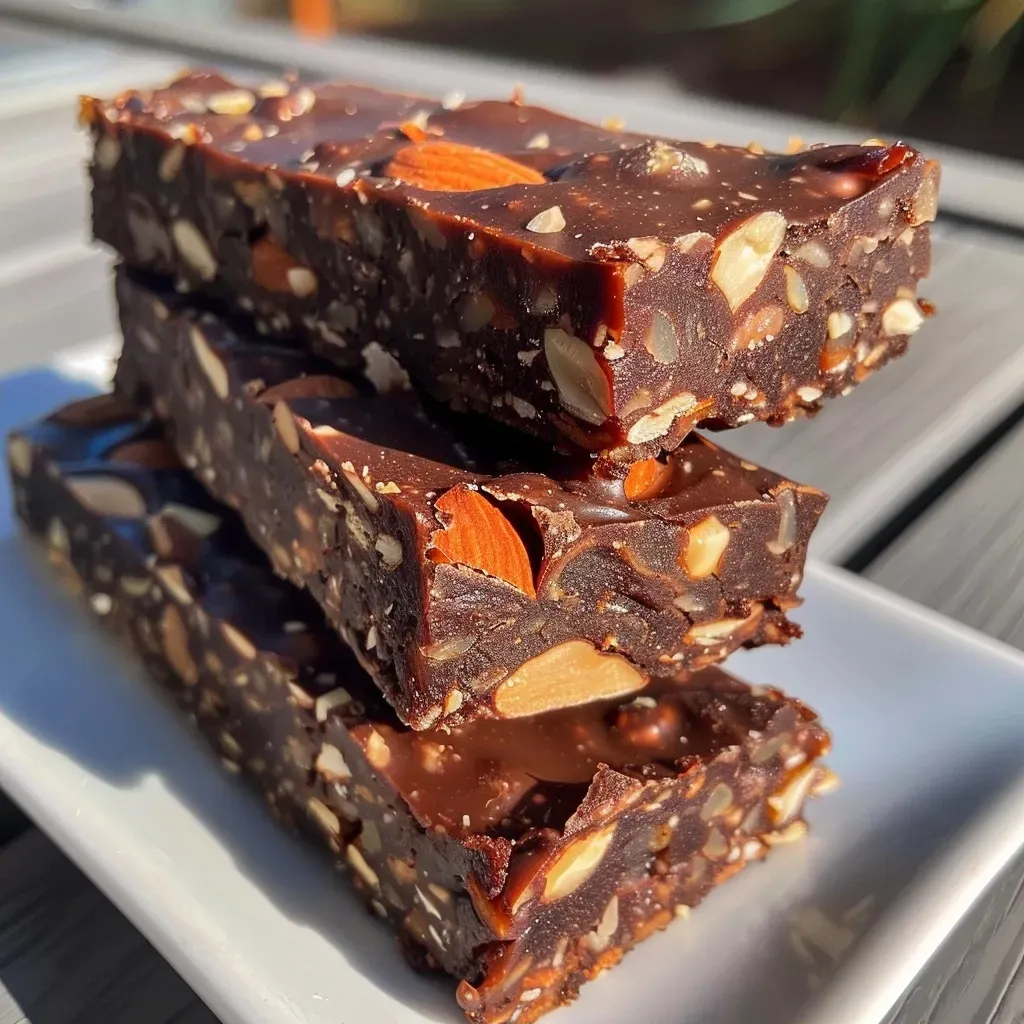 ['Close-up side view of dark chocolate almond energy bars stacked on a wooden surface.', 'Juicy dark chocolate almond energy bars with visible almond chunks and chocolate chips.', 'Side view of energy bars showcasing a glossy dark chocolate coating and almond pieces.', 'Textured energy bars made with cocoa powder and dates, highlighted against a neutral background.']