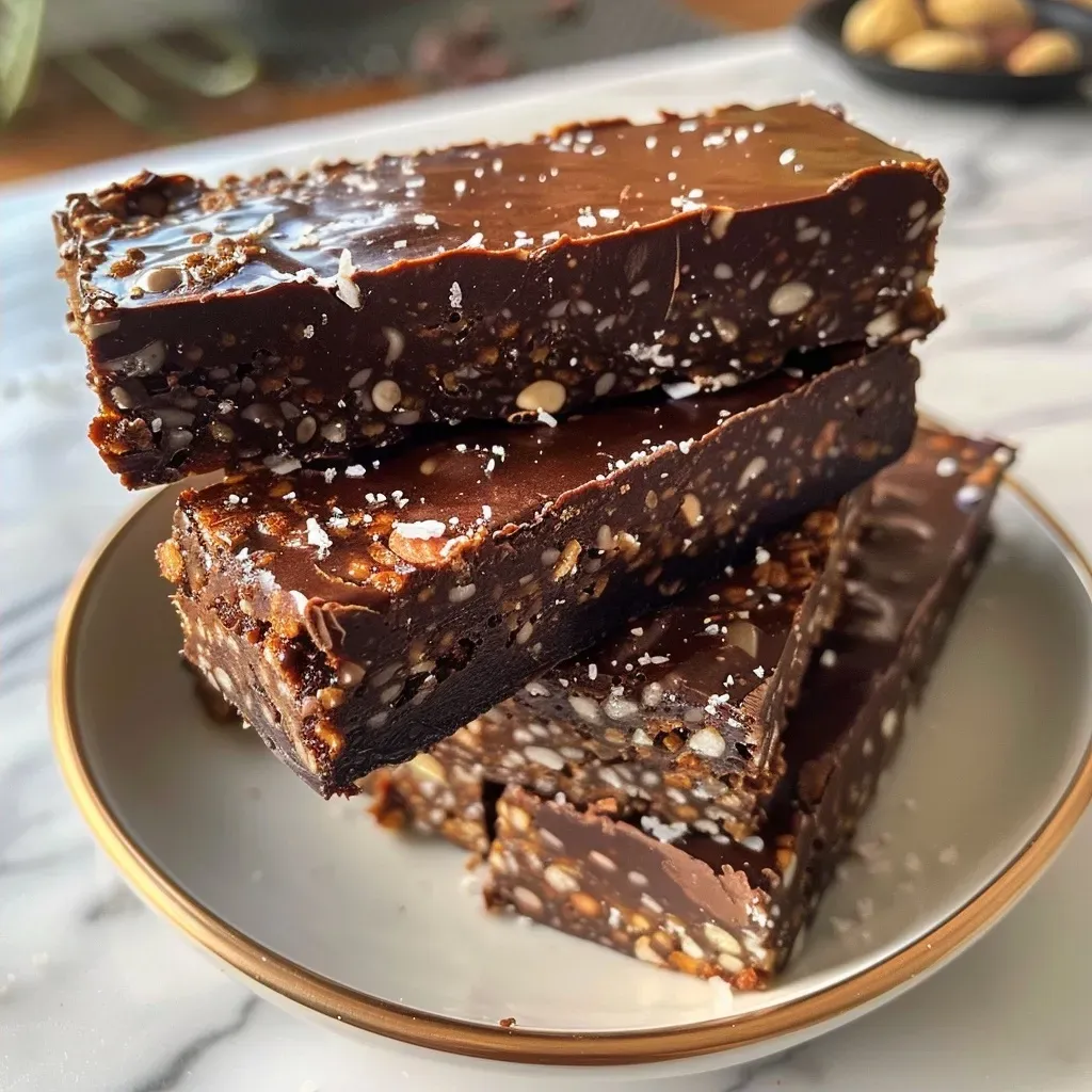 ['Close-up side view of dark chocolate coconut protein bars with a glossy chocolate coating.', 'A succulent dark chocolate coconut protein bar, showcasing coconut flakes and dark chocolate chips.', 'Side view of a dark chocolate coconut protein bar, highlighting its rich texture and ingredients.', 'Dark chocolate coconut protein bars with a shiny exterior and scattered coconut and chocolate chips.']