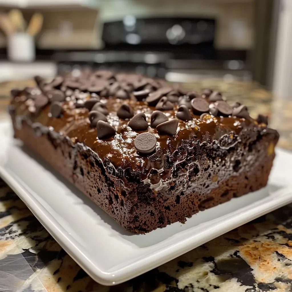 ['Close-up side view of a luscious Double Chocolate Banana Cake topped with chocolate chips.', 'A slice of Double Chocolate Banana Cake, showcasing its rich chocolate layers and banana pieces.', 'Juicy and decadent Double Chocolate Banana Cake with visible chocolate chips and a moist texture.', 'Side view of a homemade Double Chocolate Banana Cake highlighting its chocolatey exterior and garnish.']