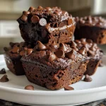 A side view of a double chocolate banana muffin, showcasing its rich, dark color and chocolate chip topping.