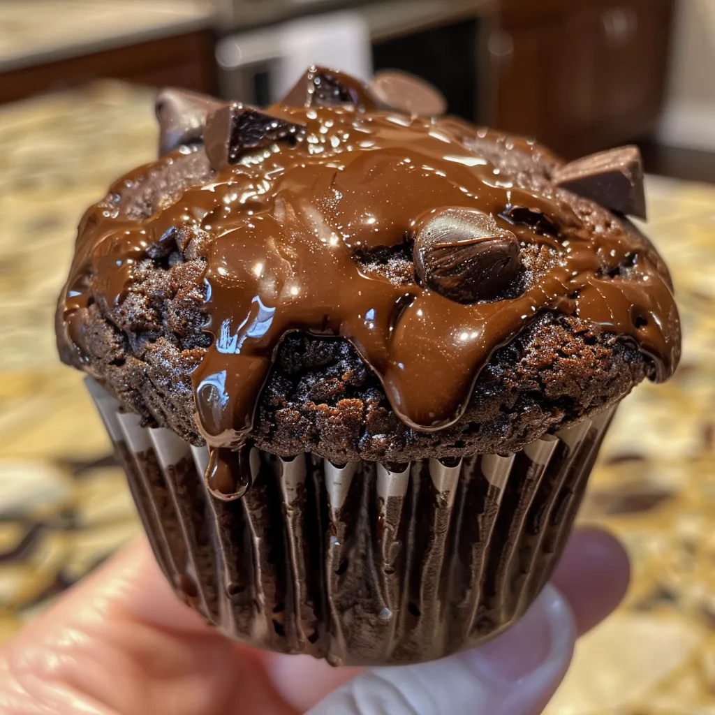 Close-up image of a moist double chocolate banana muffin with gooey chocolate chips, highlighting its texture.