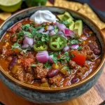A close-up view of a bowl of Easy Beef Chili topped with cheese and avocado slices.