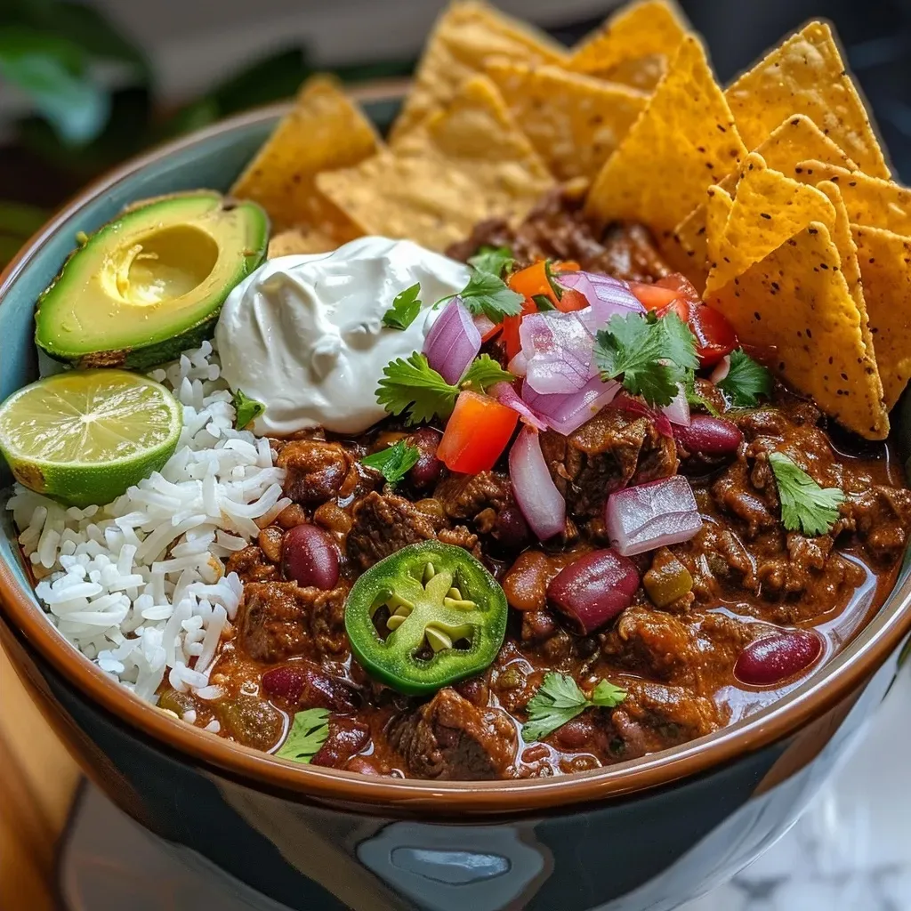 A side view of a steaming bowl of spicy beef chili garnished with cilantro and jalapenos.