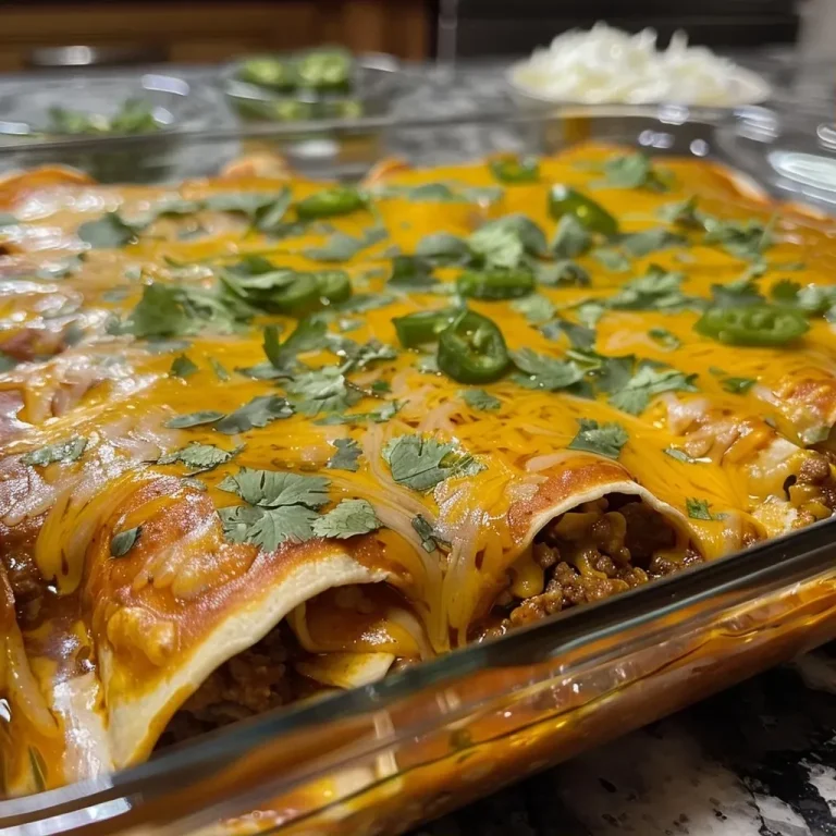 ['Close-up view of Easy Beef Enchiladas topped with melted cheese and fresh cilantro.', 'Juicy Easy Beef Enchiladas placed neatly on a plate, garnished with cilantro.', 'Side view of savory Easy Beef Enchiladas showing layers of beef, sauce, and cheese.', 'Delicious Easy Beef Enchiladas with a rich red sauce and fresh herbs on top.']