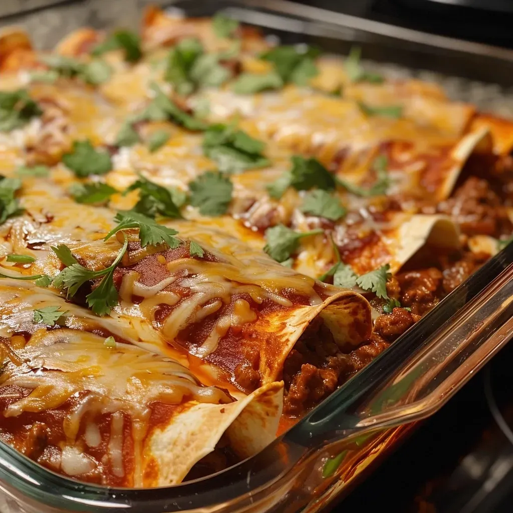 ['Close-up view of Easy Beef Enchiladas topped with melted cheese and fresh cilantro.', 'Juicy Easy Beef Enchiladas placed neatly on a plate, garnished with cilantro.', 'Side view of savory Easy Beef Enchiladas showing layers of beef, sauce, and cheese.', 'Delicious Easy Beef Enchiladas with a rich red sauce and fresh herbs on top.']