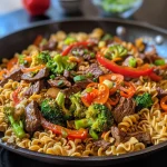 Close-up image of a juicy beef stir fry with colorful vegetables and noodles.