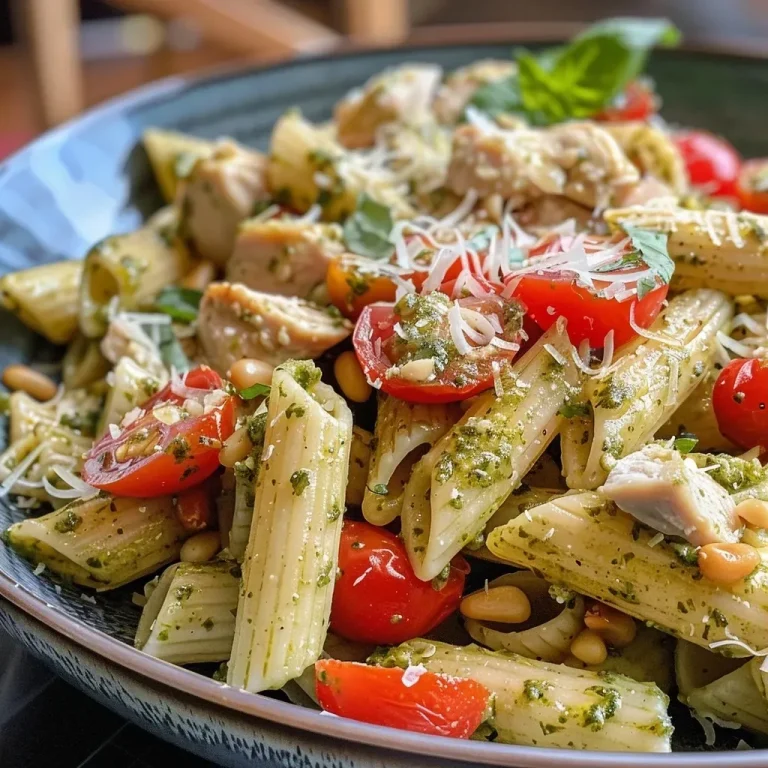 ['Close-up of a bowl of Easy Chicken Pesto Pasta with roasted cherry tomatoes.', 'Juicy Easy Chicken Pesto Pasta served with halved cherry tomatoes in a bowl.', 'Side view of a plate filled with Easy Chicken Pesto Pasta and vibrant cherry tomatoes.', 'Delicious Easy Chicken Pesto Pasta garnished with fresh basil and roasted tomatoes.']