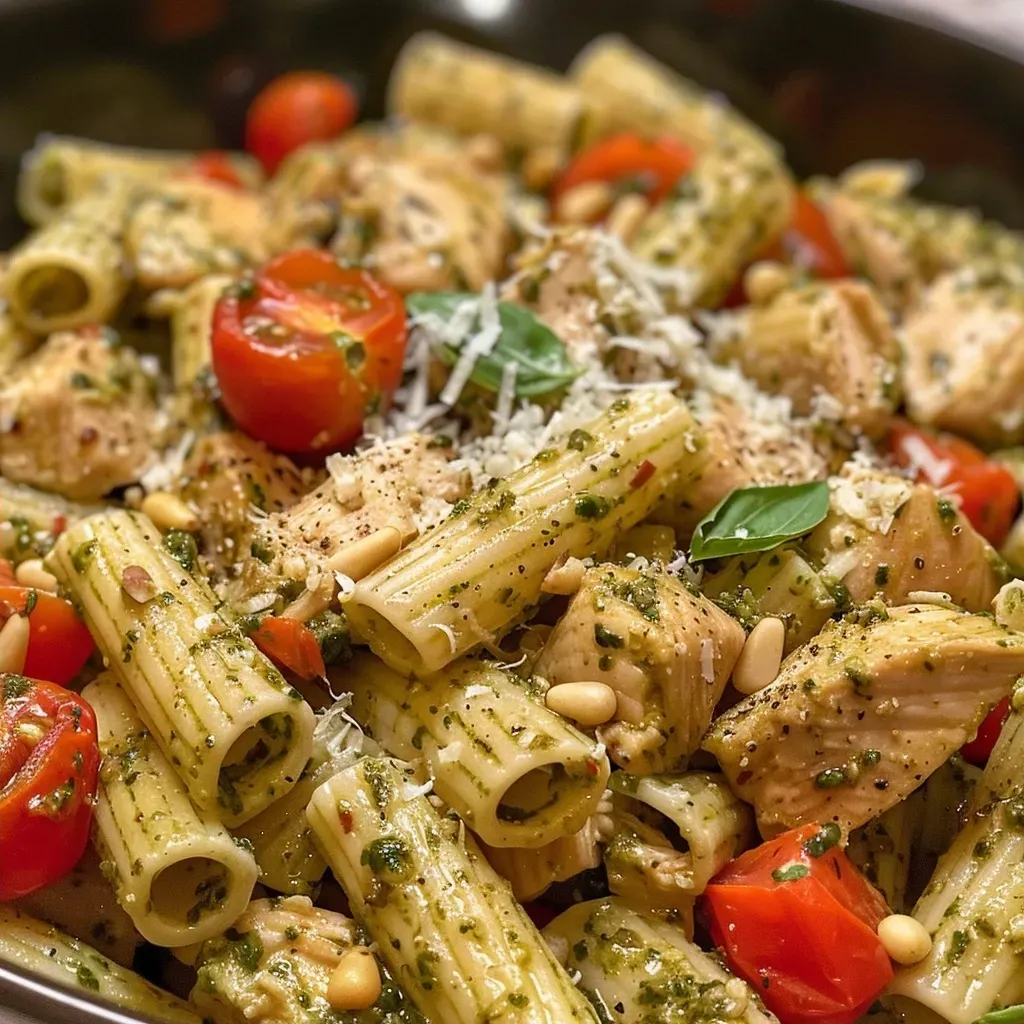 Close-up of a bowl of Easy Chicken Pesto Pasta with roasted cherry tomatoes.