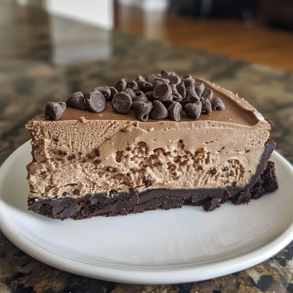 ['Close-up side view of a creamy chocolate cheesecake topped with dark chocolate chips.', 'Rich and glossy chocolate protein cheesecake displayed with a fork beside it.', 'A delicious slice of chocolate cheesecake showcasing its smooth texture and cookie crust.', 'Side view of chocolate cheesecake with a thick layer of melted dark chocolate on top.']