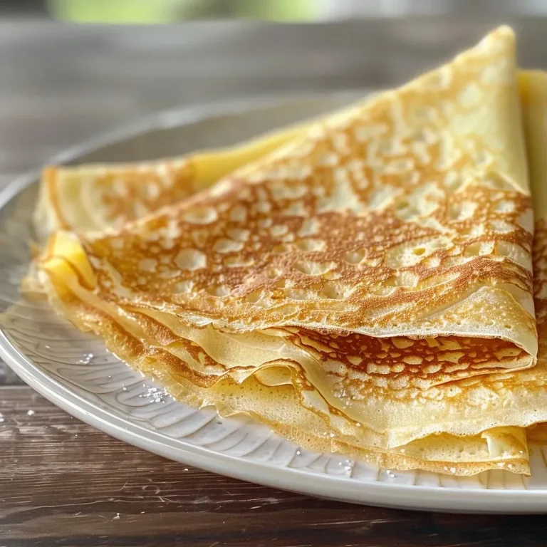 Close-up view of golden gluten-free crepes stacked on a plate.