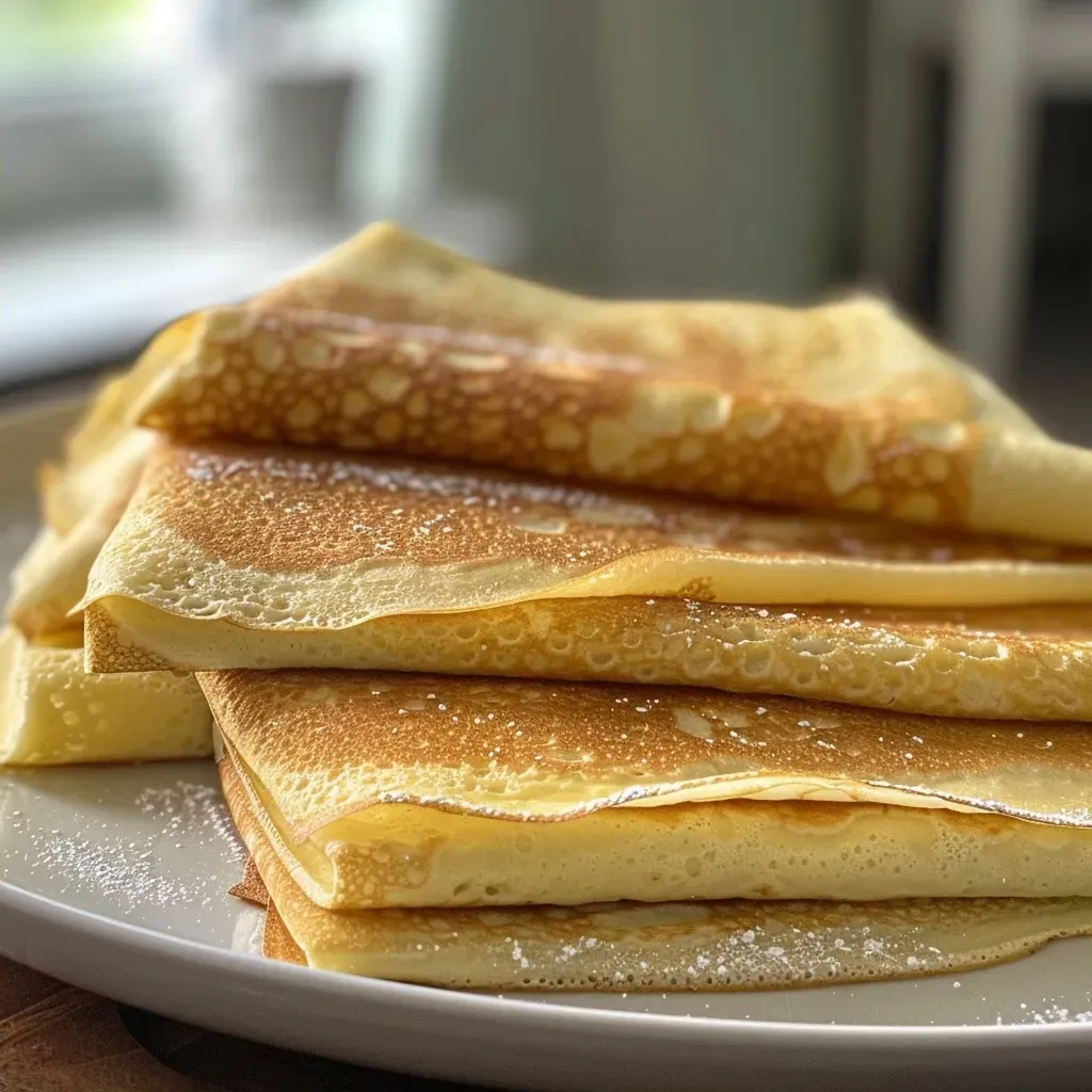 Side view of a delicious crepe drizzled with syrup.