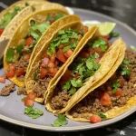 Close-up of juicy ground beef tacos in hard shells topped with lettuce and cheese.