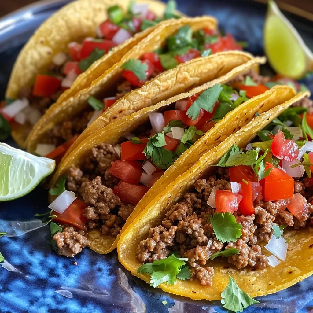 Side view of delicious easy ground beef tacos adorned with lime wedges and salsa.