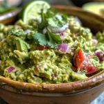 Close-up view of a bowl filled with smooth, green guacamole garnished with cilantro.