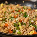 ['Close-up of a bowl filled with colorful egg fried rice, showcasing diced vegetables and scallions.', 'Side view of a plate of Easy Protein-Packed Egg Fried Rice, highlighting the fluffy texture and vibrant colors.', 'Detailed shot of a delicious egg fried rice dish with mixed vegetables and eggs glistening with oil.', 'Close-up image of protein-packed egg fried rice, featuring bright vegetables and egg pieces.']