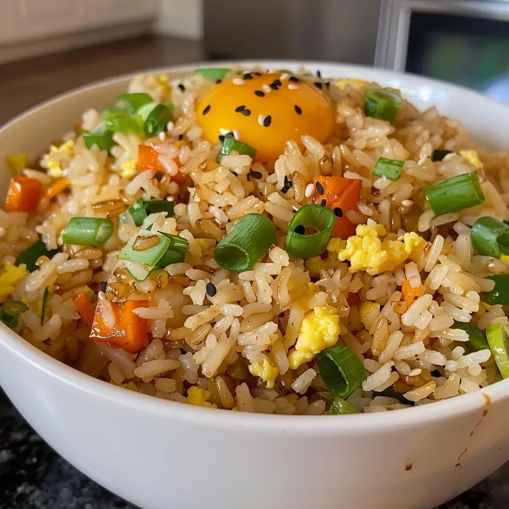 ['Close-up of a bowl filled with colorful egg fried rice, showcasing diced vegetables and scallions.', 'Side view of a plate of Easy Protein-Packed Egg Fried Rice, highlighting the fluffy texture and vibrant colors.', 'Detailed shot of a delicious egg fried rice dish with mixed vegetables and eggs glistening with oil.', 'Close-up image of protein-packed egg fried rice, featuring bright vegetables and egg pieces.']