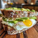 ['Close-up of a hearty egg white and avocado breakfast sandwich on whole grain bread.', 'Side view of a delicious breakfast sandwich with egg whites and mashed avocado.', 'Juicy egg white and avocado sandwich, featuring pepper jack cheese on whole grain bread.', 'Freshly made breakfast sandwich displaying egg whites, avocado, and cheese in a rustic setting.']