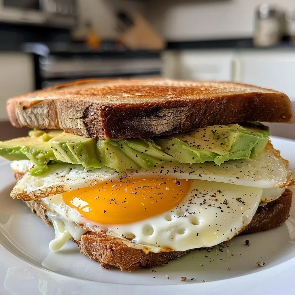 ['Close-up of a hearty egg white and avocado breakfast sandwich on whole grain bread.', 'Side view of a delicious breakfast sandwich with egg whites and mashed avocado.', 'Juicy egg white and avocado sandwich, featuring pepper jack cheese on whole grain bread.', 'Freshly made breakfast sandwich displaying egg whites, avocado, and cheese in a rustic setting.']