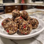 A close-up view of energy bites made from trail mix and dark chocolate chips.
