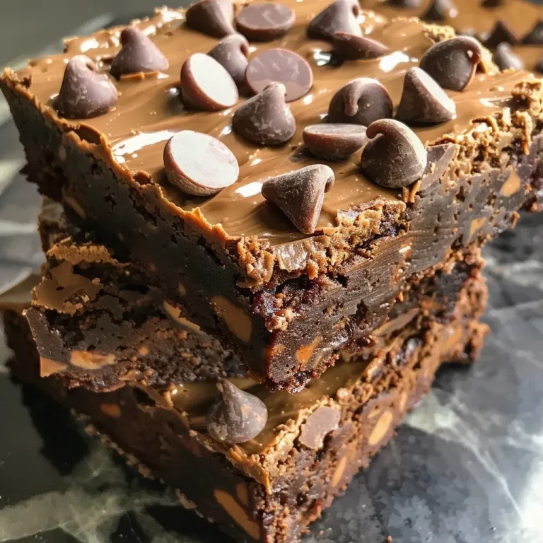 ['Close-up view of a brown brownie topped with chocolate chips.', 'Side view of moist, flourless peanut butter brownies with a shiny glaze.', 'Rich chocolate brownies with melted chocolate chips on top, set on a white plate.', 'Detailed shot of peanut butter protein brownies showcasing their fudgy texture.']
