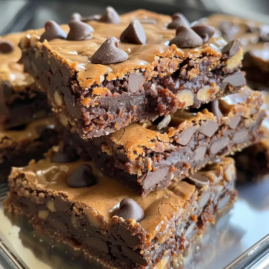 ['Close-up view of a brown brownie topped with chocolate chips.', 'Side view of moist, flourless peanut butter brownies with a shiny glaze.', 'Rich chocolate brownies with melted chocolate chips on top, set on a white plate.', 'Detailed shot of peanut butter protein brownies showcasing their fudgy texture.']