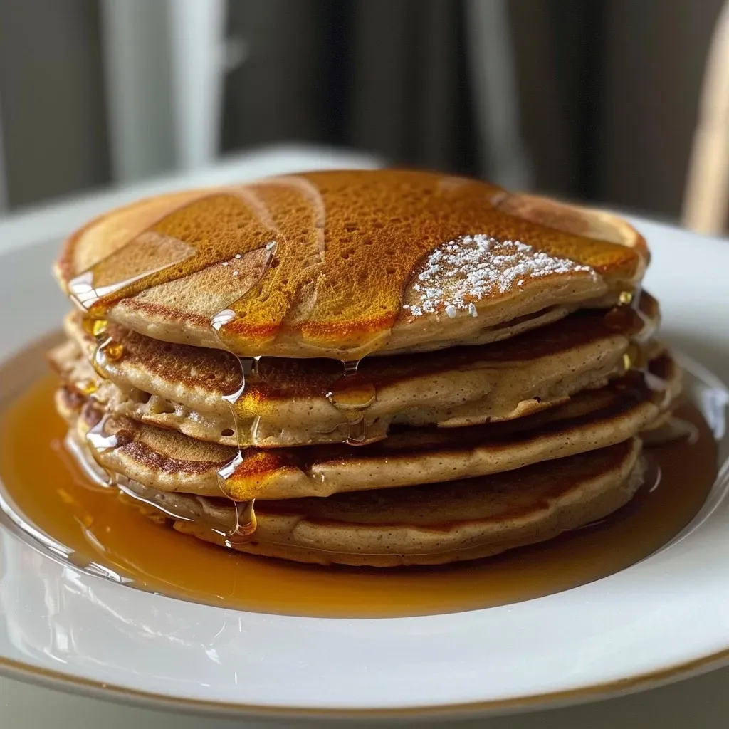 ['Side view of fluffy oat flour pancakes stacked on a plate, drizzled with maple syrup.', 'Close-up of oat flour pancakes topped with syrup, with a light golden hue.', 'Fluffy pancakes made from oat flour, showcasing a soft texture and topped with maple syrup.', 'Delicious stack of oat flour pancakes, highlighting their fluffy appearance and syrup drizzle.']