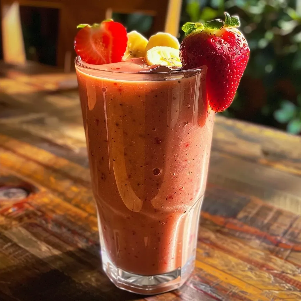 ['Close-up photo of a vibrant fruit and yogurt smoothie in a glass with fresh strawberries and banana slices.', 'Side view of a delicious smoothie blended from strawberries, banana, and yogurt, garnished with fruit.', 'A refreshing fruit and yogurt smoothie featuring a mix of strawberries, banana, and pineapple juice.', 'Thick, creamy smoothie in a glass, showcasing fresh fruit toppings like strawberries and banana.']