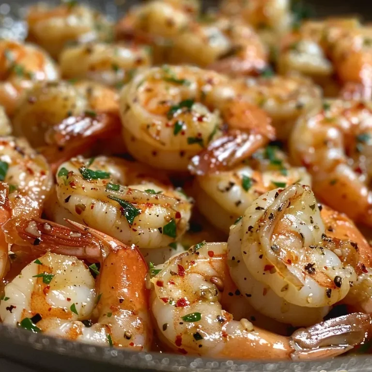 Close-up of juicy garlic butter shrimp on a plate with a sprinkle of parsley.