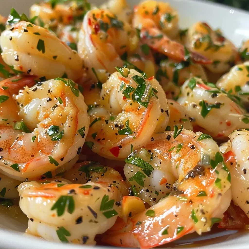 Side view of succulent garlic butter shrimp garnished with red pepper flakes and herbs.