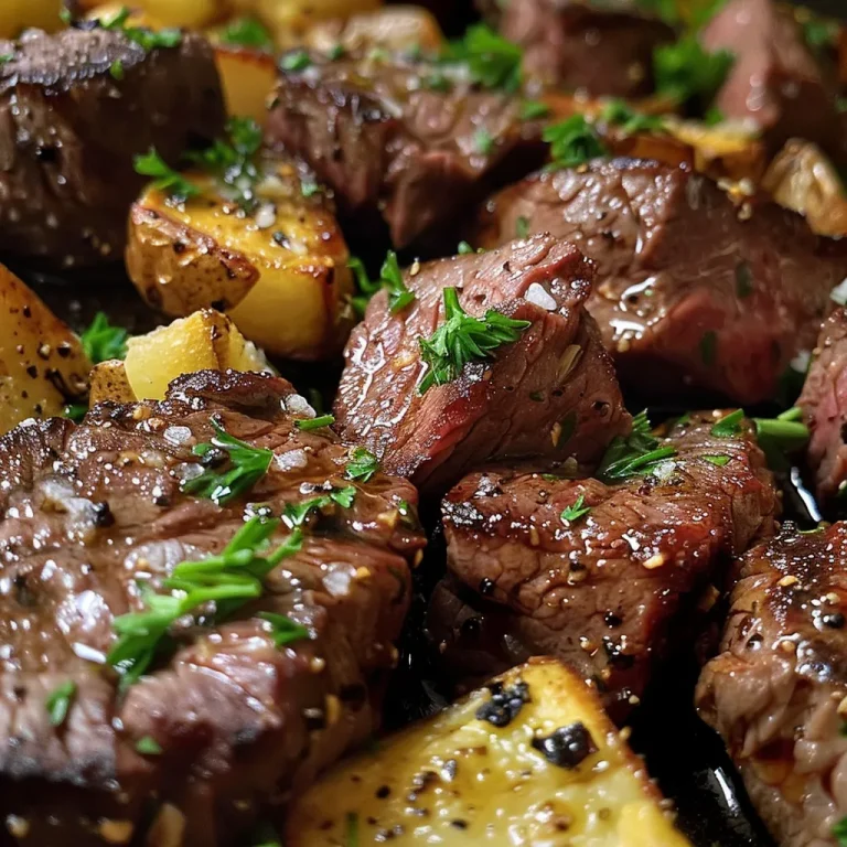 A close-up look at juicy garlic butter steak bites served with crispy fries.