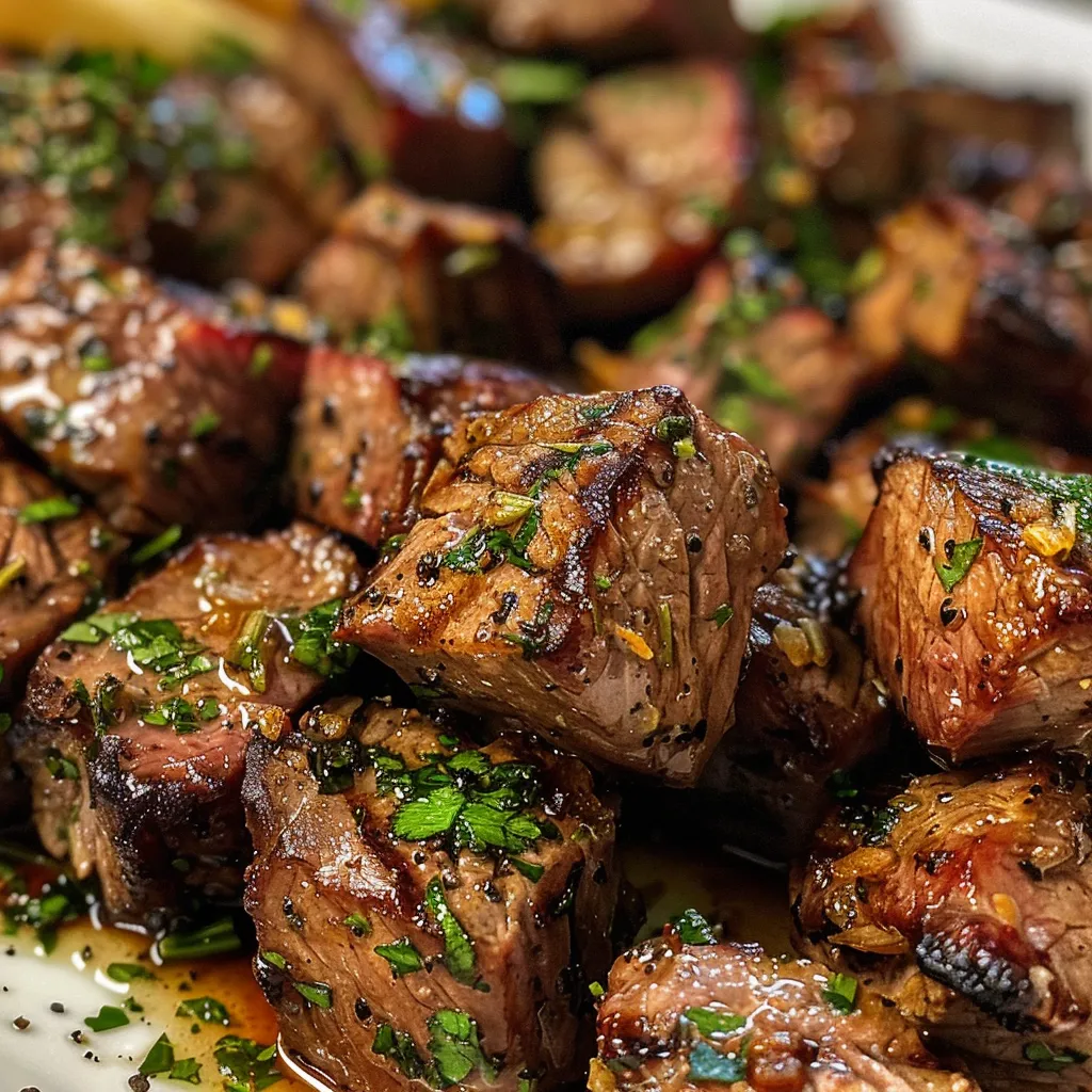 Side view of tender steak cubes coated in garlic butter with herbs.