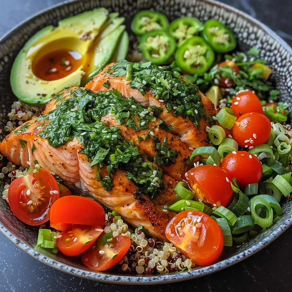 ['Close-up of a Garlic Herb Salmon Bowl featuring salmon, quinoa, and fresh vegetables.', 'Side view of a colorful bowl with garlic herb salmon, avocado, and cherry tomatoes.', 'Detailed shot of Garlic Herb Salmon Bowl showcasing salmon fillets and vibrant toppings.', 'A vibrant meal with salmon, quinoa, and assorted toppings in a deep bowl.']
