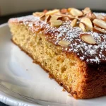 Close-up of a gluten-free almond cake showing a golden crust and sliced almonds on top.