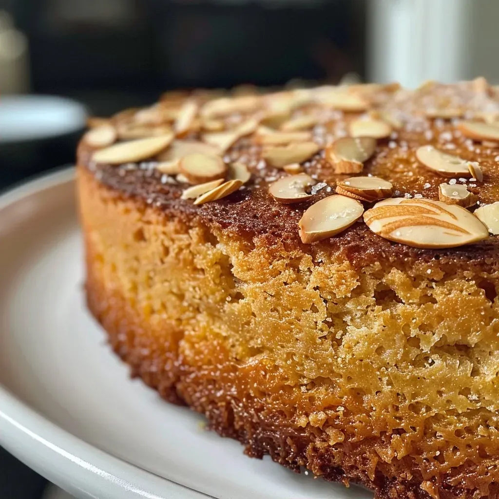 Side view of a juicy almond cake with a soft texture, garnished with sliced almonds.