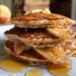 ['Close-up of golden-brown gluten-free apple cinnamon pancakes topped with diced apples and maple syrup.', 'Side view of fluffy gluten-free pancakes with apple slices, drizzled with syrup on a white plate.', 'Delicious gluten-free apple cinnamon pancakes stacked high, featuring a sprinkle of cinnamon and apple chunks.', 'Juicy apple cinnamon pancakes served on a rustic table, glistening with a layer of maple syrup.']