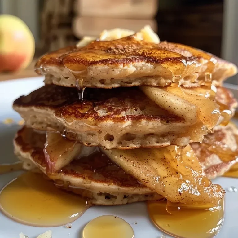 ['Close-up of golden-brown gluten-free apple cinnamon pancakes topped with diced apples and maple syrup.', 'Side view of fluffy gluten-free pancakes with apple slices, drizzled with syrup on a white plate.', 'Delicious gluten-free apple cinnamon pancakes stacked high, featuring a sprinkle of cinnamon and apple chunks.', 'Juicy apple cinnamon pancakes served on a rustic table, glistening with a layer of maple syrup.']