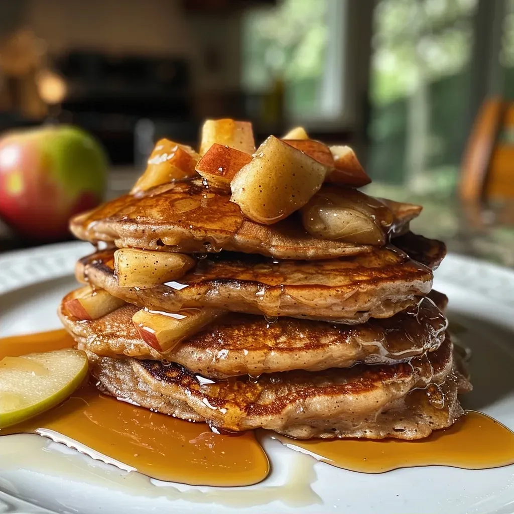 ['Close-up of golden-brown gluten-free apple cinnamon pancakes topped with diced apples and maple syrup.', 'Side view of fluffy gluten-free pancakes with apple slices, drizzled with syrup on a white plate.', 'Delicious gluten-free apple cinnamon pancakes stacked high, featuring a sprinkle of cinnamon and apple chunks.', 'Juicy apple cinnamon pancakes served on a rustic table, glistening with a layer of maple syrup.']