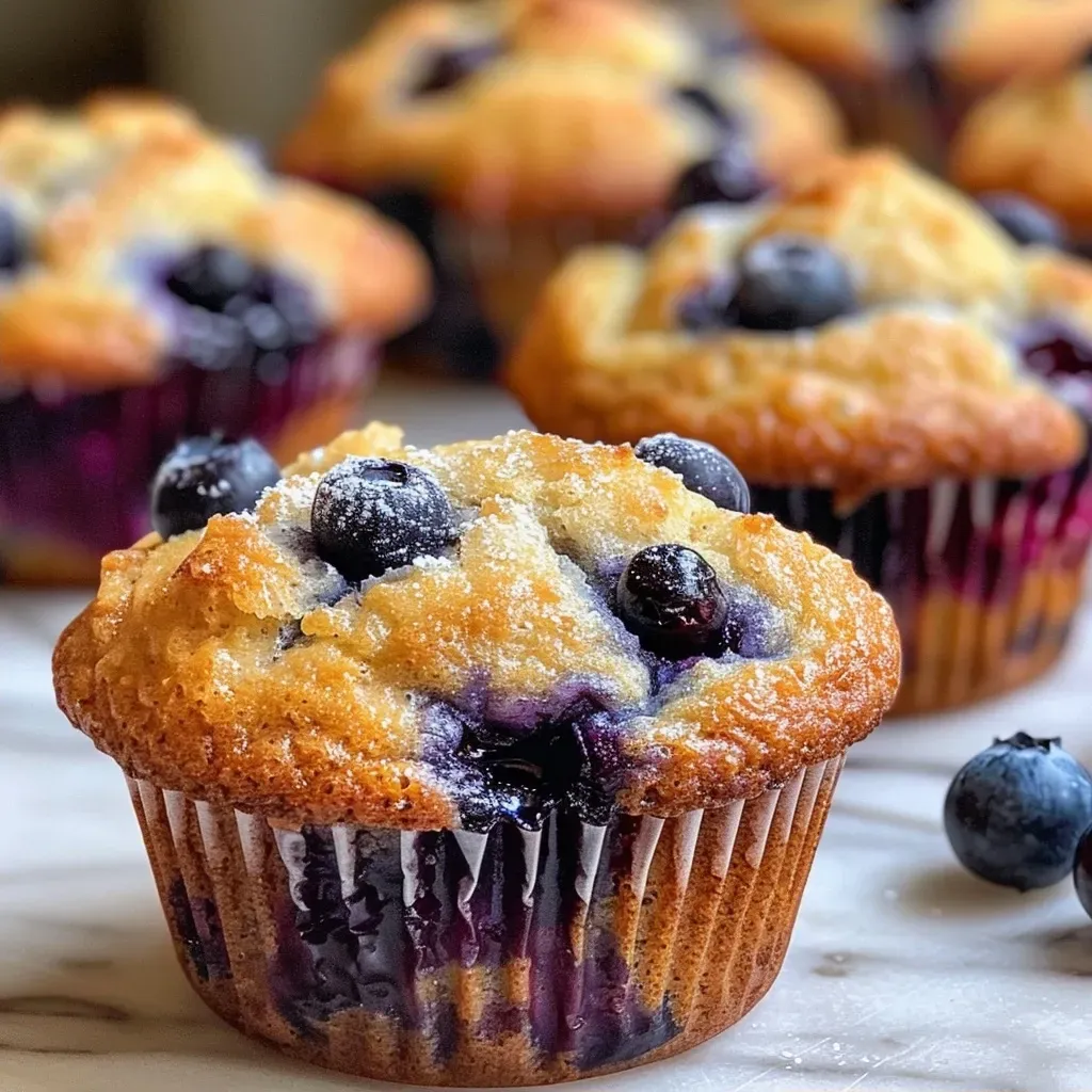 Side view of freshly baked gluten-free blueberry muffins with a soft texture and visible blueberries.