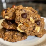 ['Close-up of gluten-free breakfast cookies with chocolate chips and raisins.', 'Side view of freshly baked gluten-free cookies made with oats and bananas.', 'Delicious breakfast cookies featuring a golden-brown exterior with chocolate chips.', 'A platter of warm gluten-free cookies, showcasing their chewy texture and ingredients.']