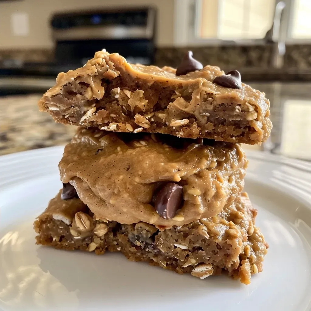 ['Close-up of gluten-free breakfast cookies with chocolate chips and raisins.', 'Side view of freshly baked gluten-free cookies made with oats and bananas.', 'Delicious breakfast cookies featuring a golden-brown exterior with chocolate chips.', 'A platter of warm gluten-free cookies, showcasing their chewy texture and ingredients.']