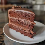 Close up side view of a rich gluten-free chocolate cake with glossy chocolate frosting.