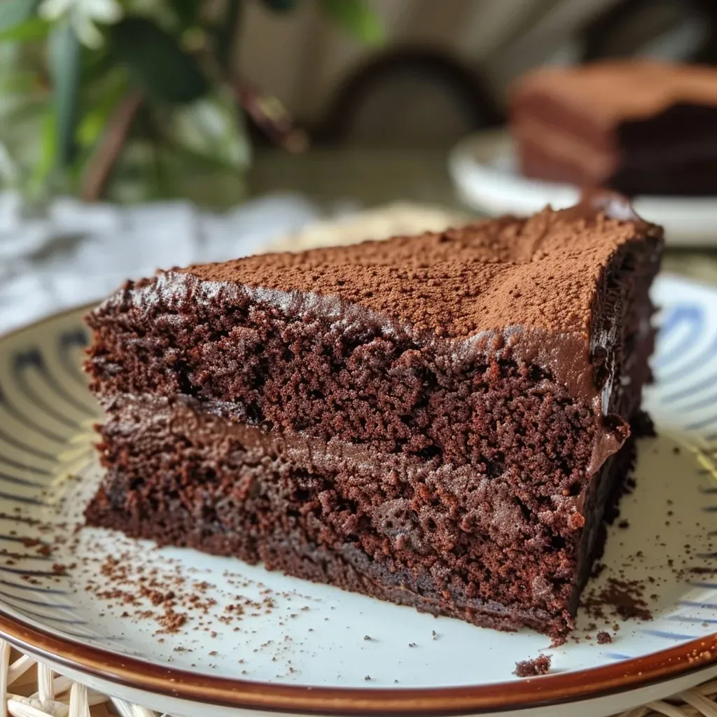 A decadent chocolate cake made without gluten, showcasing its moist layers in a side profile.
