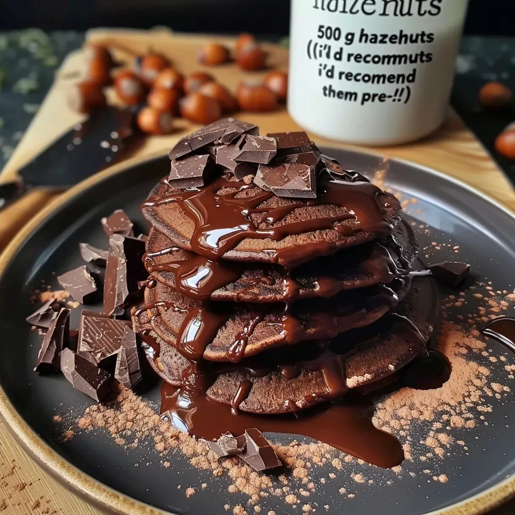['Close-up of gluten-free chocolate pancakes drizzled with a rich sauce and topped with hazelnuts.', 'Side view of decadent gluten-free chocolate pancakes, showcasing their fluffy texture and chocolate sauce.', 'Juicy chocolate pancakes stacked high, glistening with a creamy Ferrero Rocher-style sauce.', 'Delicious gluten-free chocolate pancakes with a drizzle of sauce and sprinkled hazelnuts, served on a plate.']